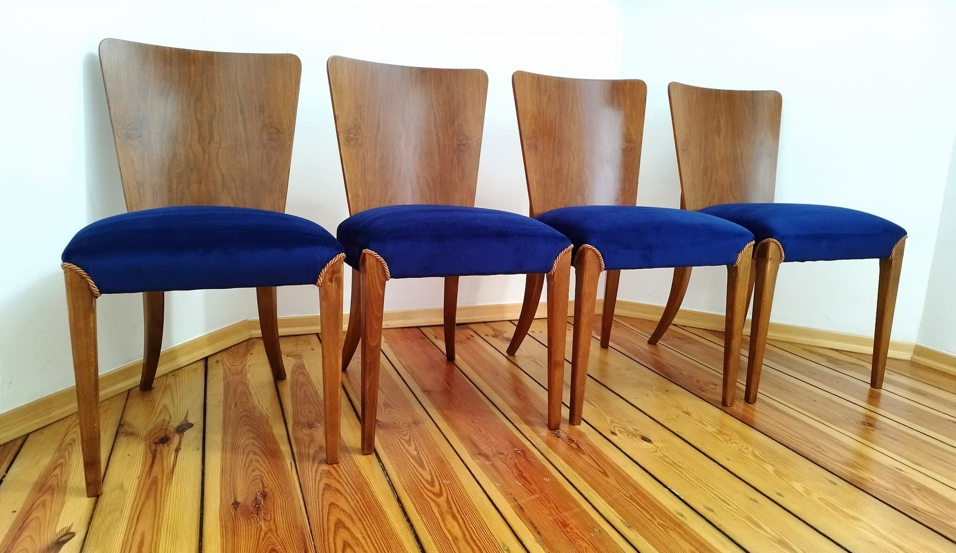 Set of four chairs H-214, blue velvet, walnut, beech, by J. Halabala, UP Závody, Czechoslovakia, 1950s. - 48240