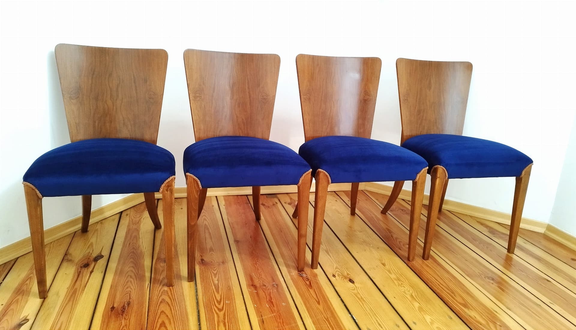 Set of four chairs H-214, blue velvet, walnut, beech, by J. Halabala, UP Závody, Czechoslovakia, 1950s. - 48238