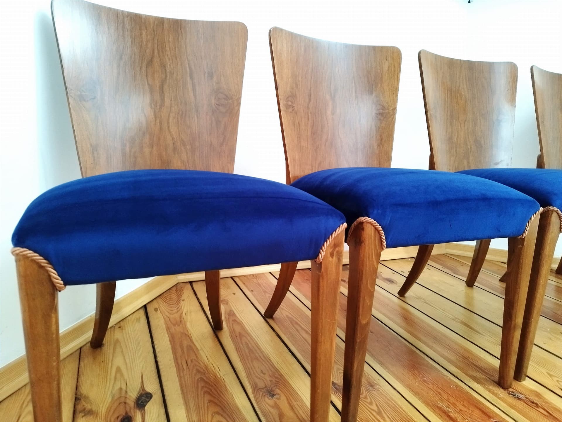 Set of four chairs H-214, blue velvet, walnut, beech, by J. Halabala, UP Závody, Czechoslovakia, 1950s. - 48239