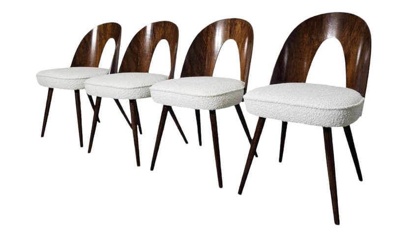 Set of four chairs, off-white bouclé, dark brown plywood, by A. Šuman, Tatra Nabytok, Czechoslovakia, 1960s.