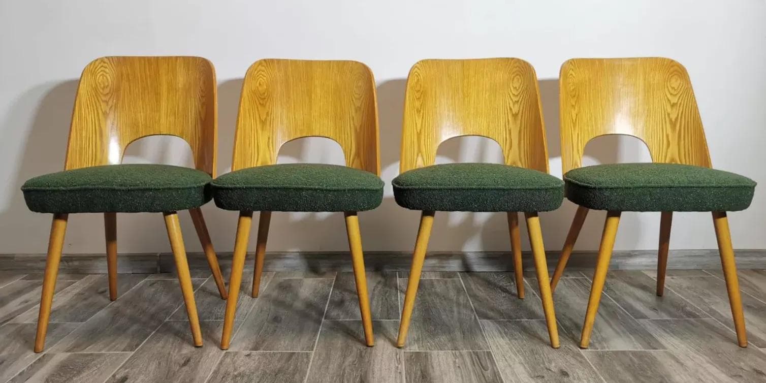 Set of chairs, olive bouclé, plywood, by A. Suman, Tatra Nabytok, Czechoslovakia, 1960s. - 48230