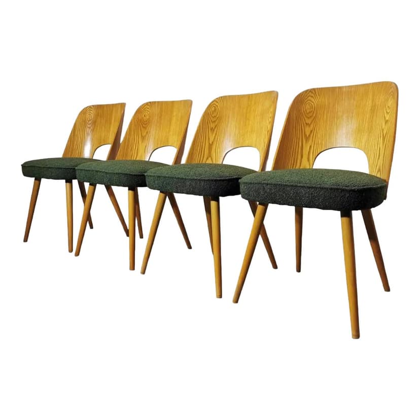 Set of chairs, olive bouclé, plywood, by A. Suman, Tatra Nabytok, Czechoslovakia, 1960s.
