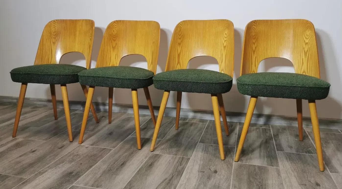 Set of chairs, olive bouclé, plywood, by A. Suman, Tatra Nabytok, Czechoslovakia, 1960s. - 48231