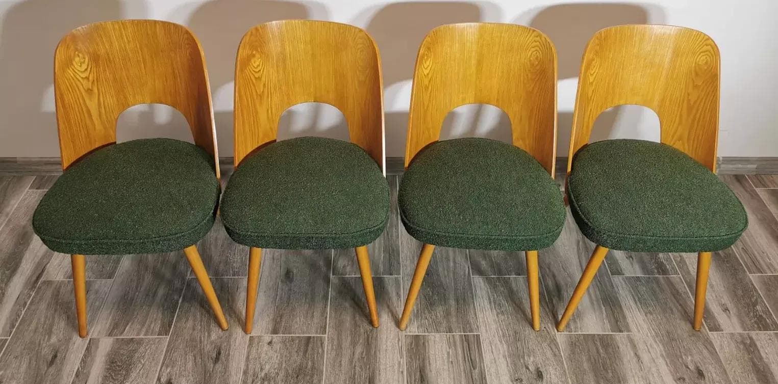 Set of chairs, olive bouclé, plywood, by A. Suman, Tatra Nabytok, Czechoslovakia, 1960s. - 48232