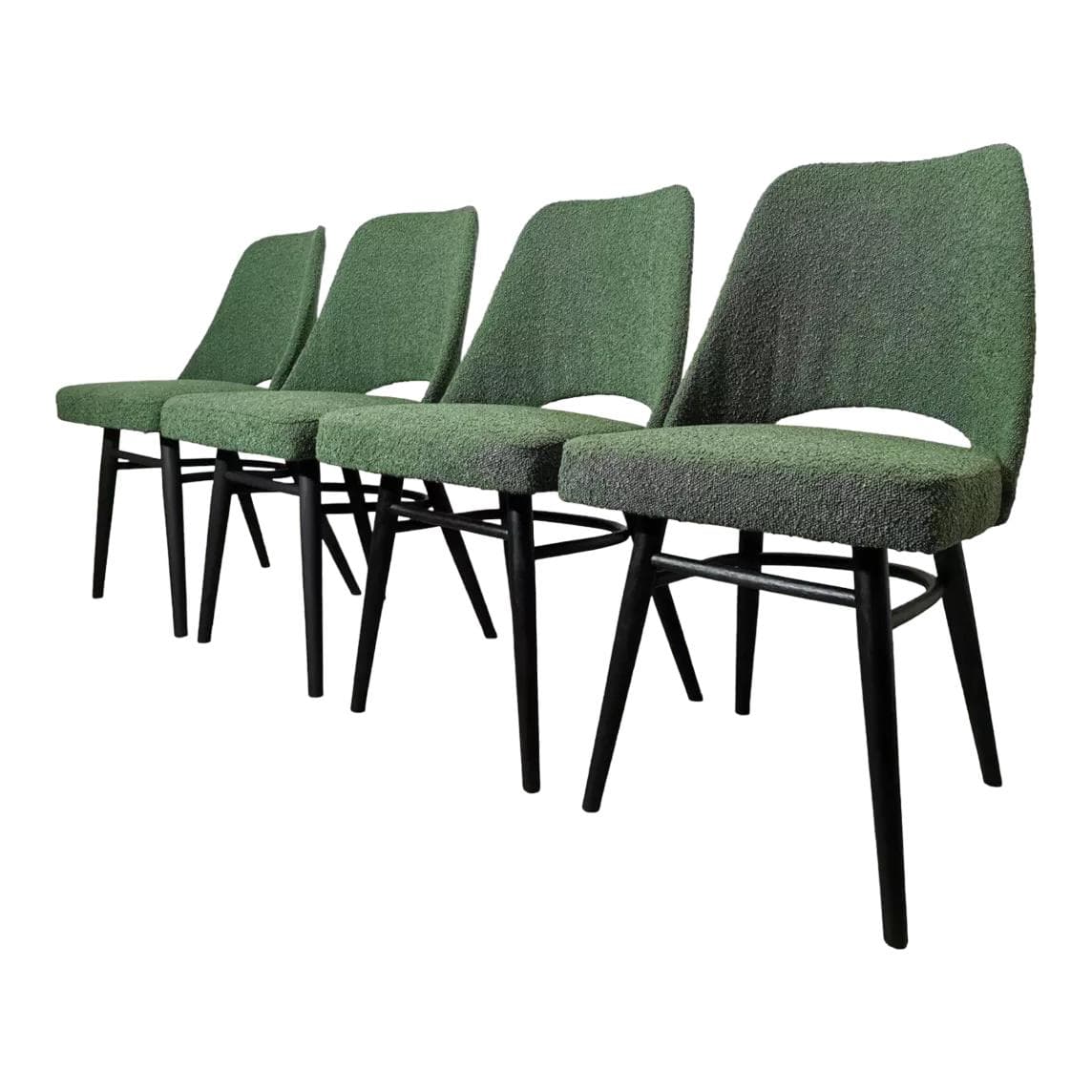 Komplet czterech krzeseł, zieleń bouclé, buk czarny, proj. R. Hoffman, Ton, Czechosłowacja, lata 60.
