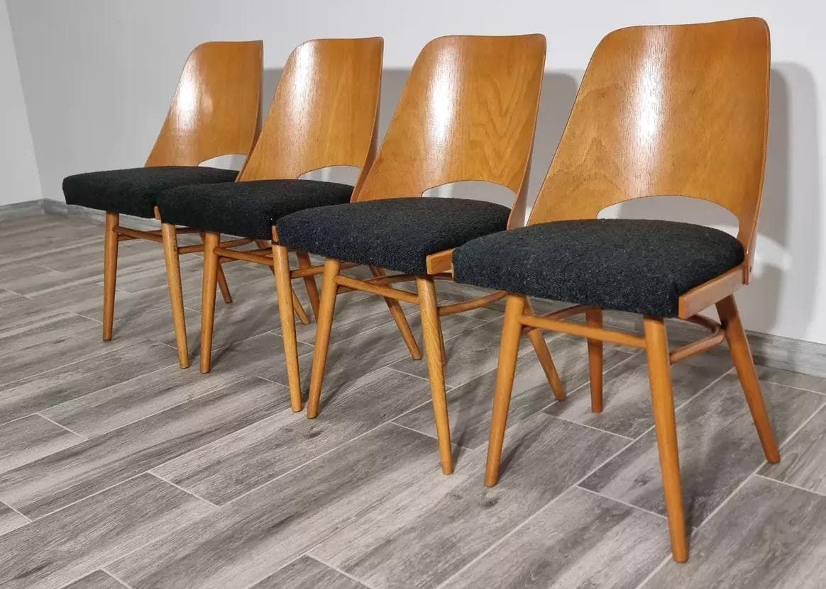 Set of four chairs, honey beech, black seat, by R. Hoffman, TON, Czechoslovakia, 1960s. - 48223