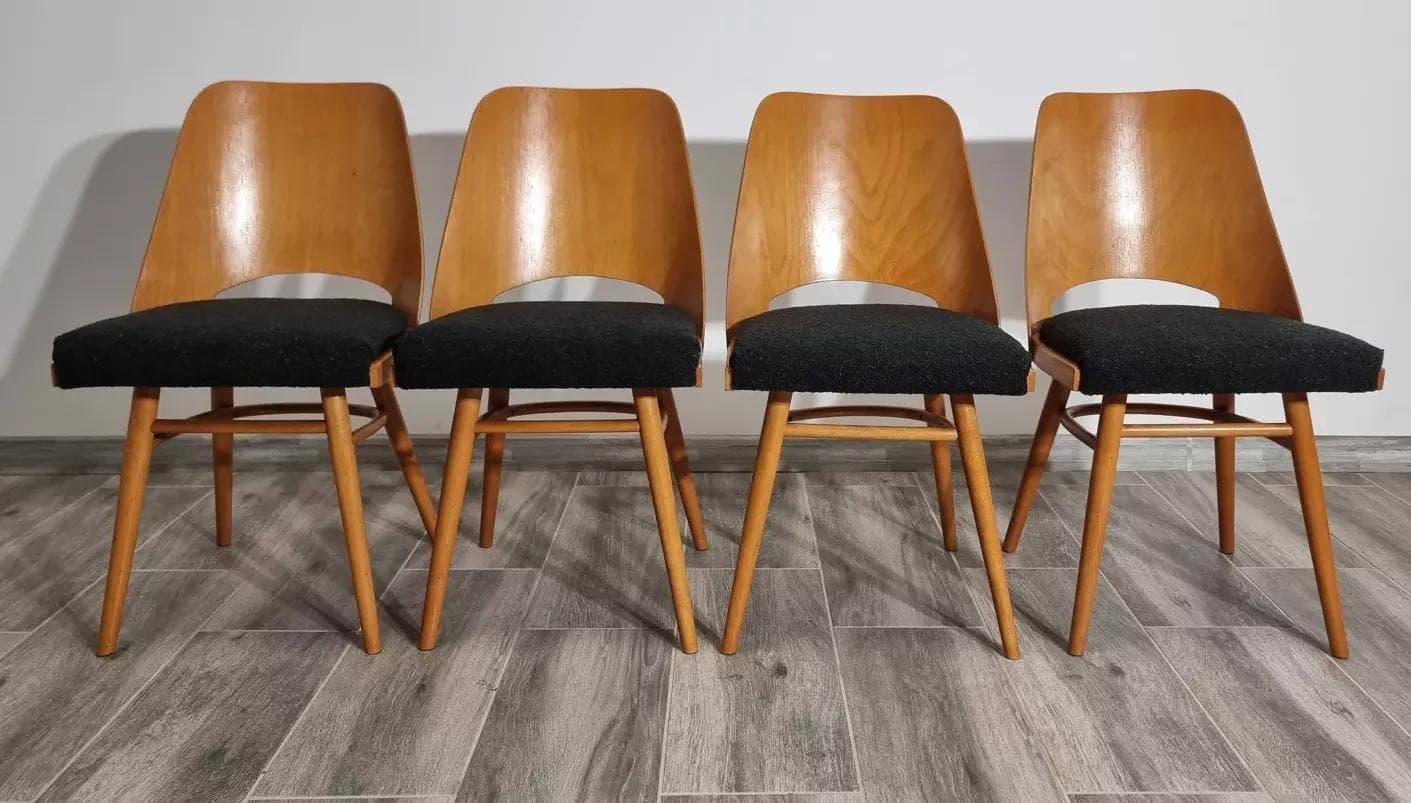 Set of four chairs, honey beech, black seat, by R. Hoffman, TON, Czechoslovakia, 1960s. - 48222
