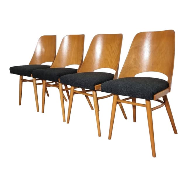 Set of four chairs, honey beech, black seat, by R. Hoffman, TON, Czechoslovakia, 1960s. - DIMENSION