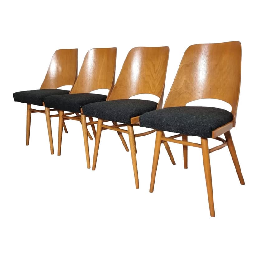 Set of four chairs, honey beech, black seat, by R. Hoffman, TON, Czechoslovakia, 1960s.