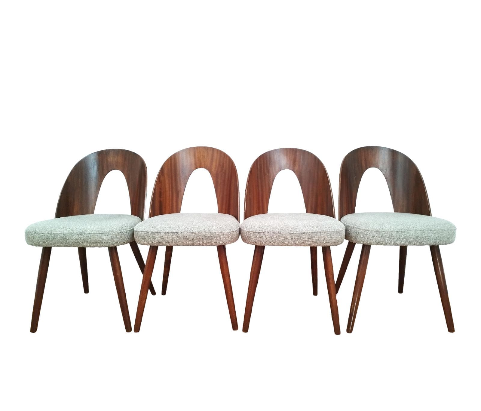 Set of four chairs, walnut, plywood, by A. Šuman, Tatra Nabytok, Czechoslovakia, 1960s.