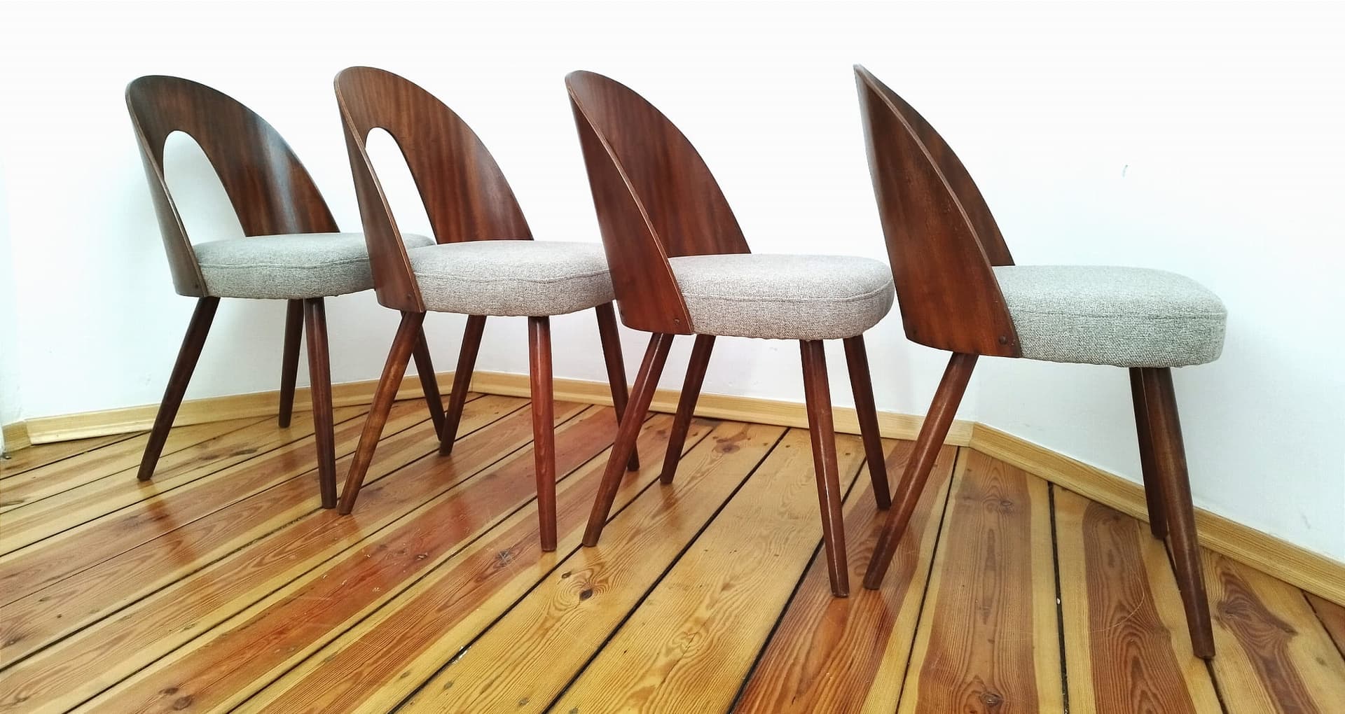 Set of four chairs, walnut, plywood, by A. Šuman, Tatra Nabytok, Czechoslovakia, 1960s. - 102341