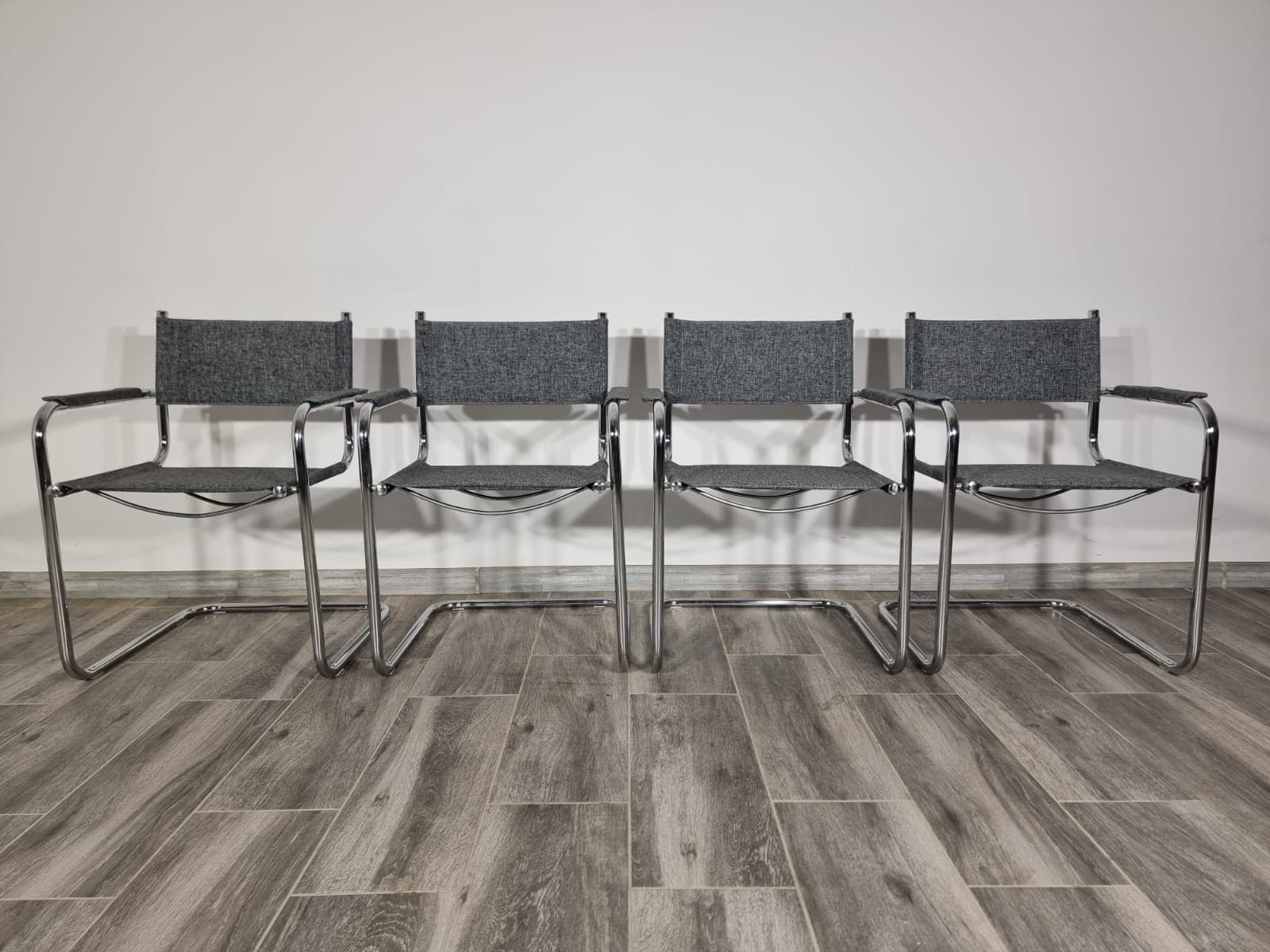 Set of four chairs, Bauhaus style, chrome steel, grey, inspired by M. Breuer, 1950s. - 48214