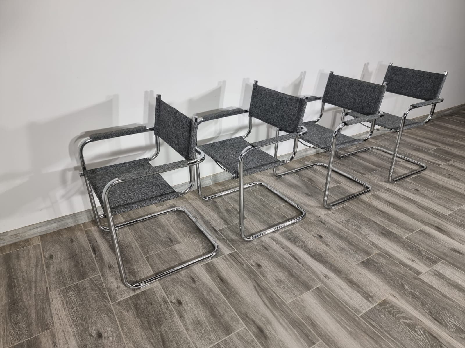 Set of four chairs, Bauhaus style, chrome steel, grey, inspired by M. Breuer, 1950s. - 48216