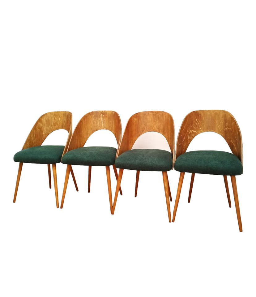 Set of four chairs, bottle green, plywood, by A. Suman, Tatra Nabytok, Czechoslovakia, 1960s.