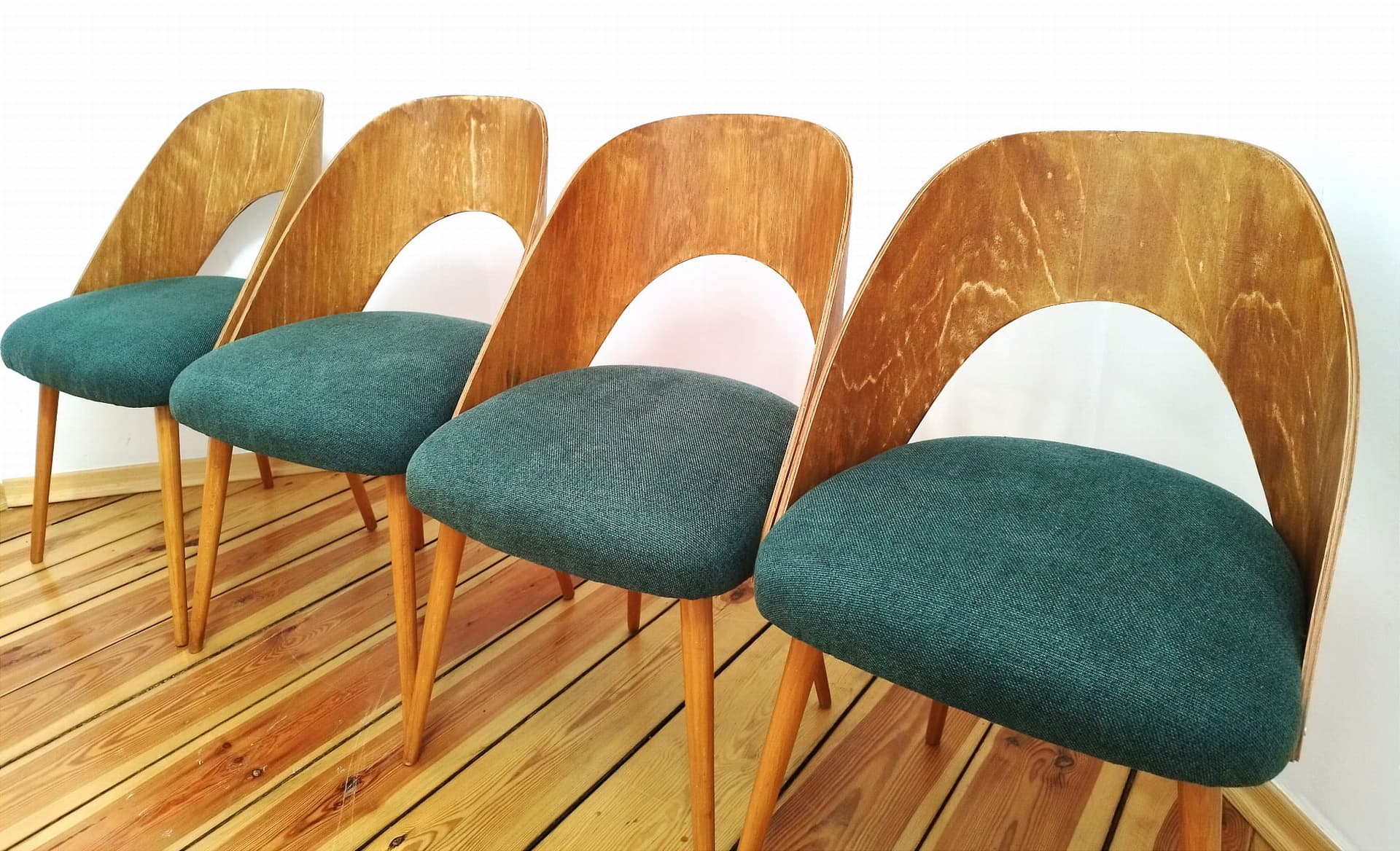 Set of four chairs, bottle green, plywood, by A. Suman, Tatra Nabytok, Czechoslovakia, 1960s. - 48211