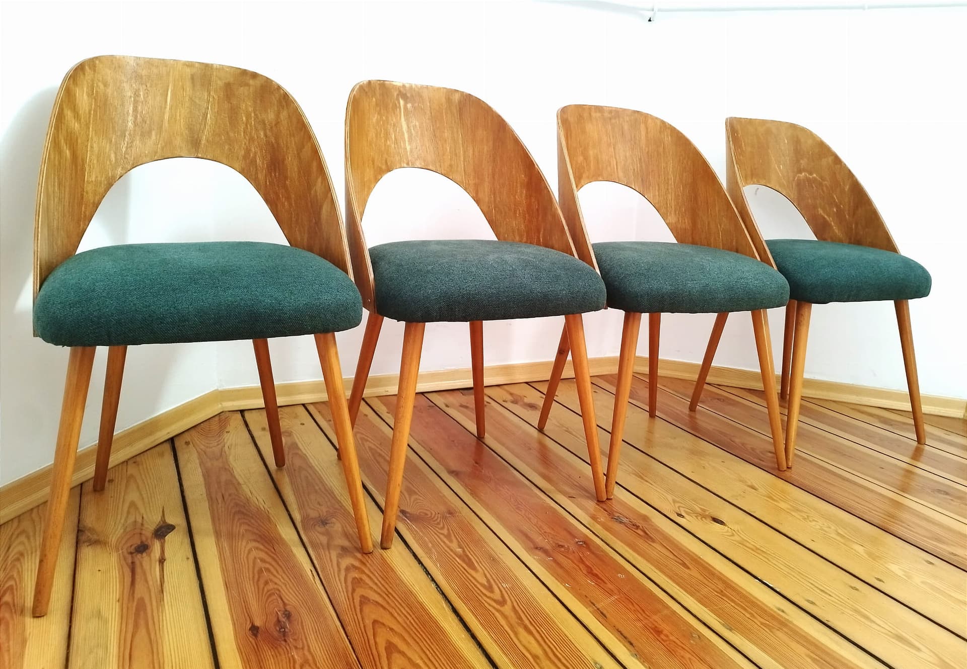 Set of four chairs, bottle green, plywood, by A. Suman, Tatra Nabytok, Czechoslovakia, 1960s. - 48210