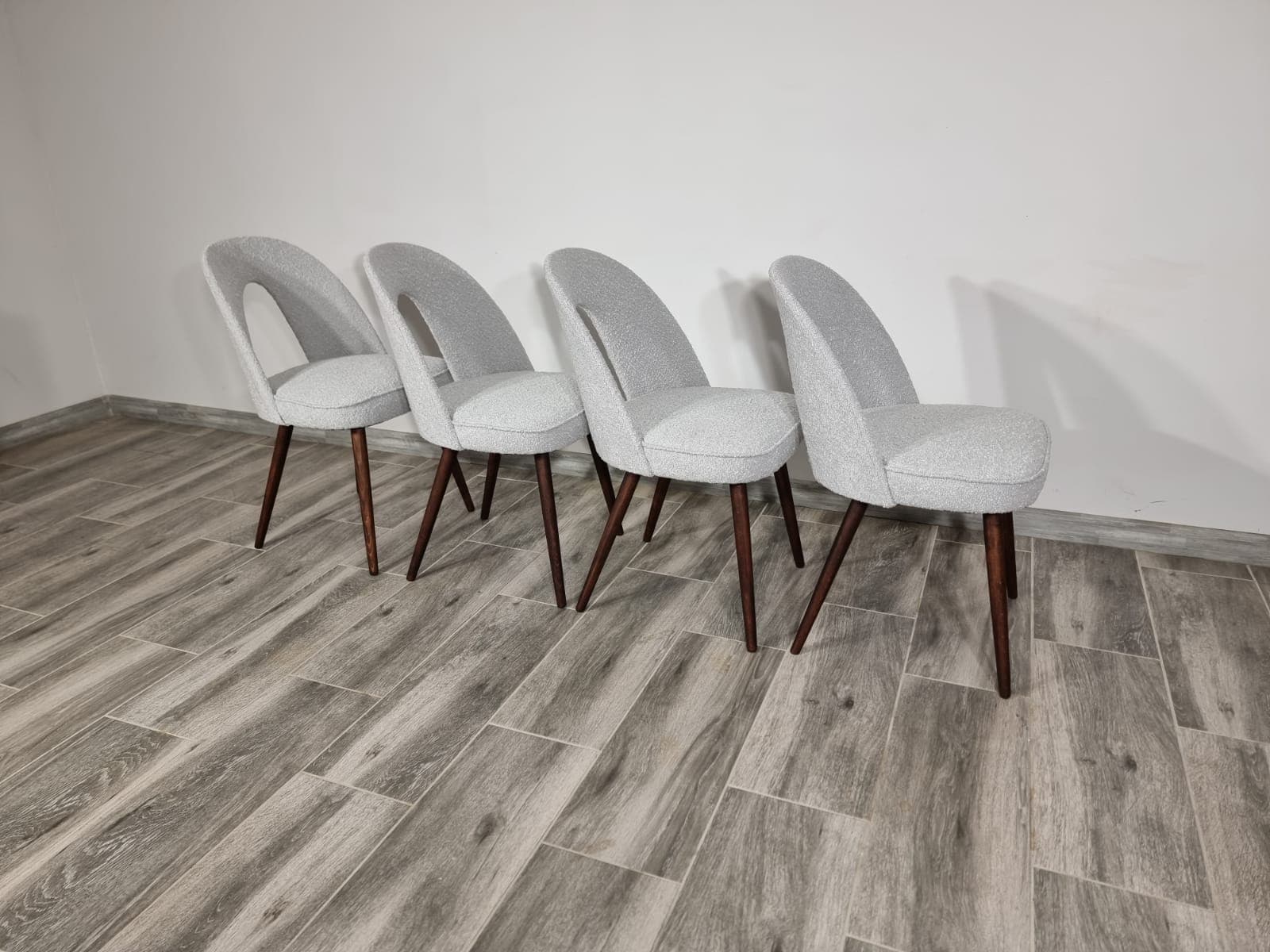 Set of chairs, grey bouclé, walnut wood, by A. Suman, Tatra Nabytok, Czechoslovakia, 1960s. - 48208