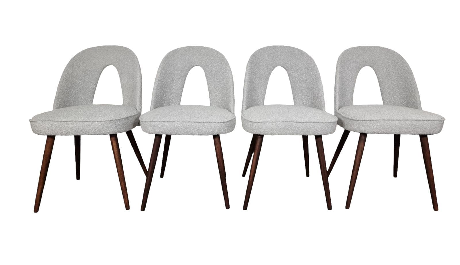 Set of chairs, grey bouclé, walnut wood, by A. Suman, Tatra Nabytok, Czechoslovakia, 1960s.