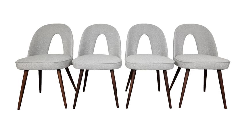 Set of chairs, grey bouclé, walnut wood, by A. Suman, Tatra Nabytok, Czechoslovakia, 1960s.