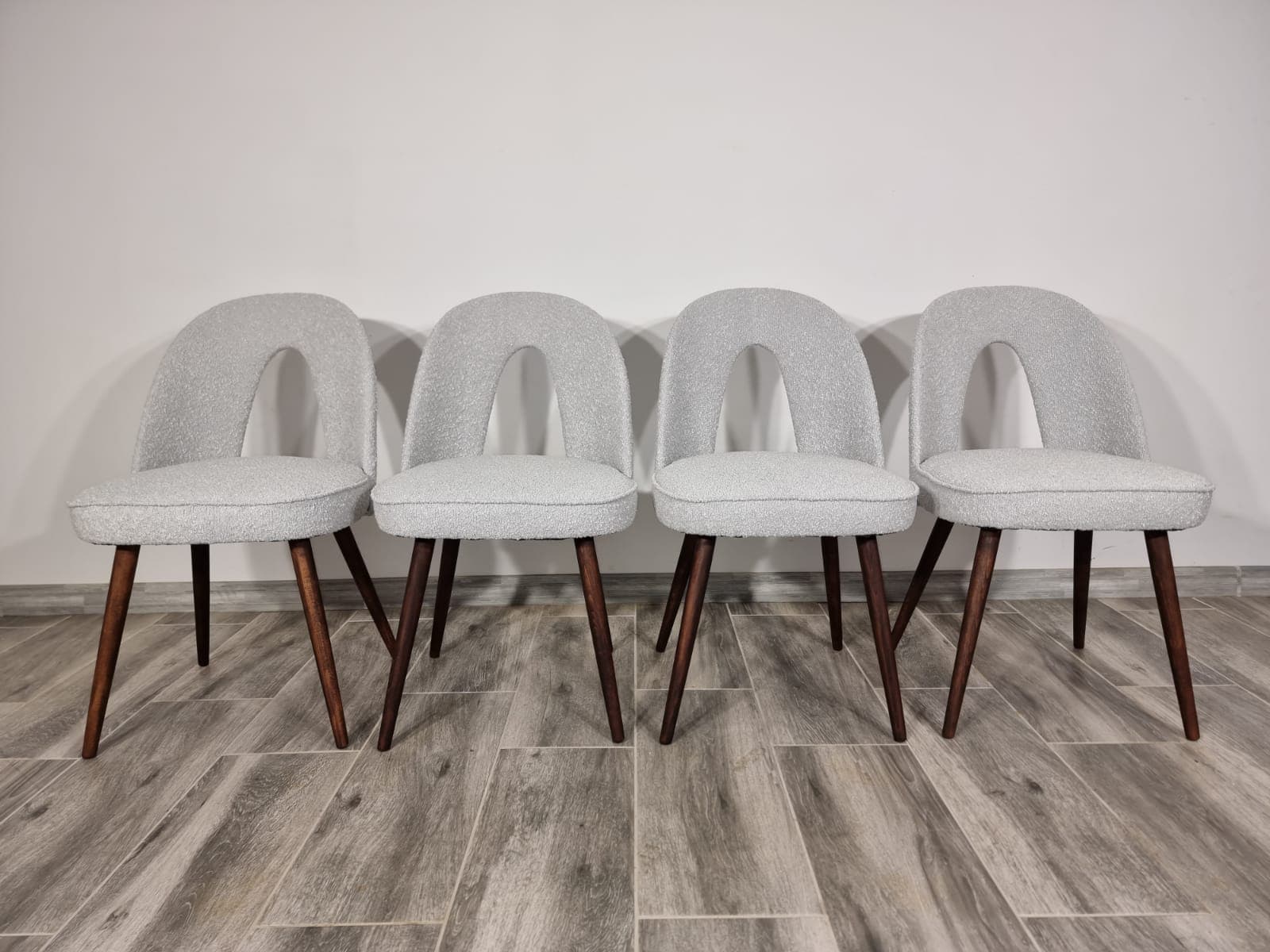 Set of chairs, grey bouclé, walnut wood, by A. Suman, Tatra Nabytok, Czechoslovakia, 1960s. - 48207
