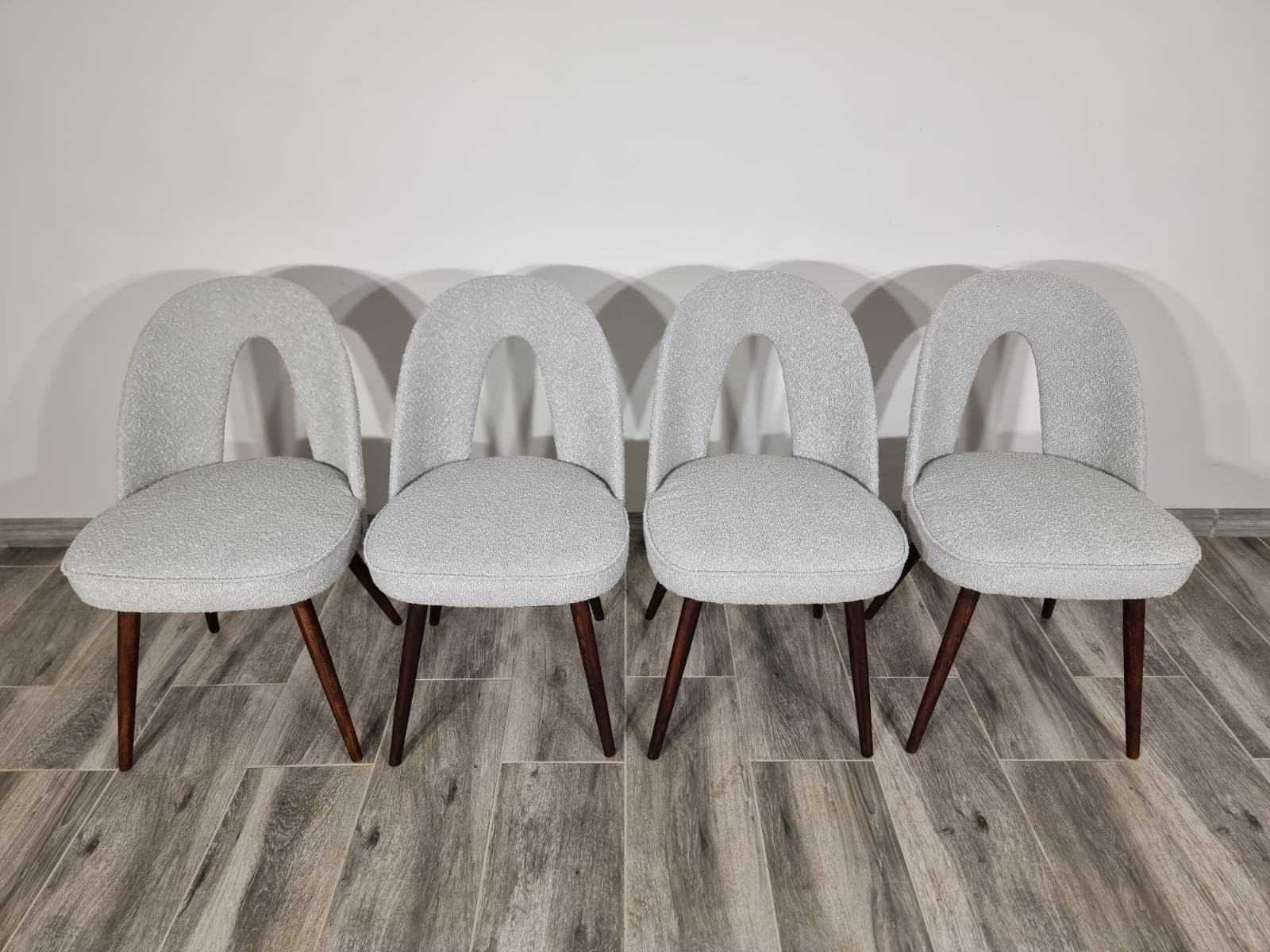 Set of chairs, grey bouclé, walnut wood, by A. Suman, Tatra Nabytok, Czechoslovakia, 1960s. - 48206