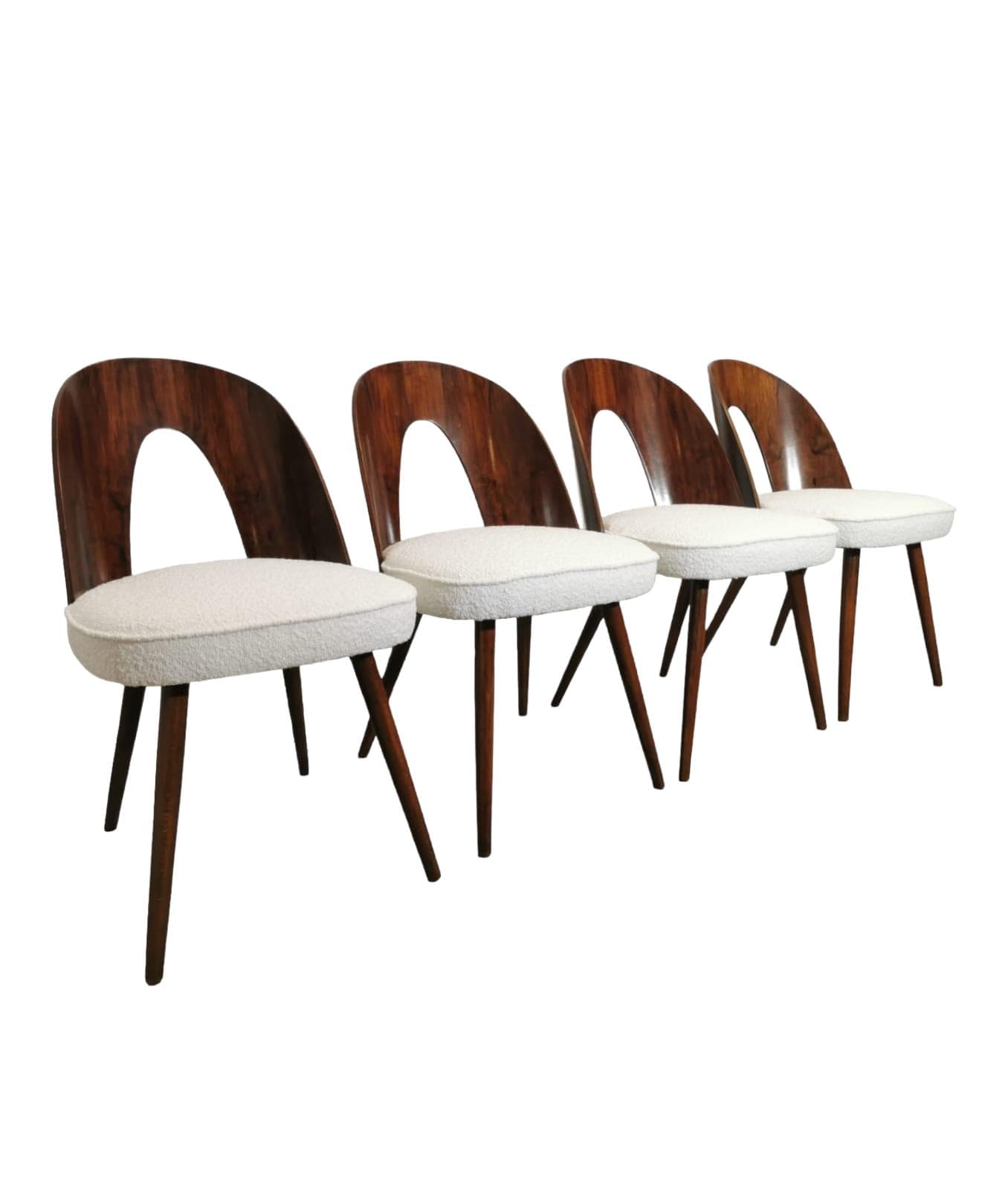 Set of chairs, walnut, cream bouclé, by A. Suman, Tatra Nabytok, Czechoslovakia, 1960s.