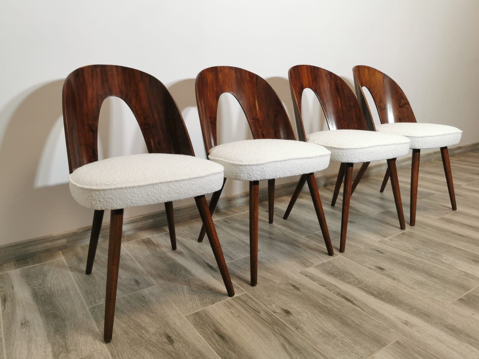 Set of chairs, walnut, cream bouclé, by A. Suman, Tatra Nabytok, Czechoslovakia, 1960s. - 48198