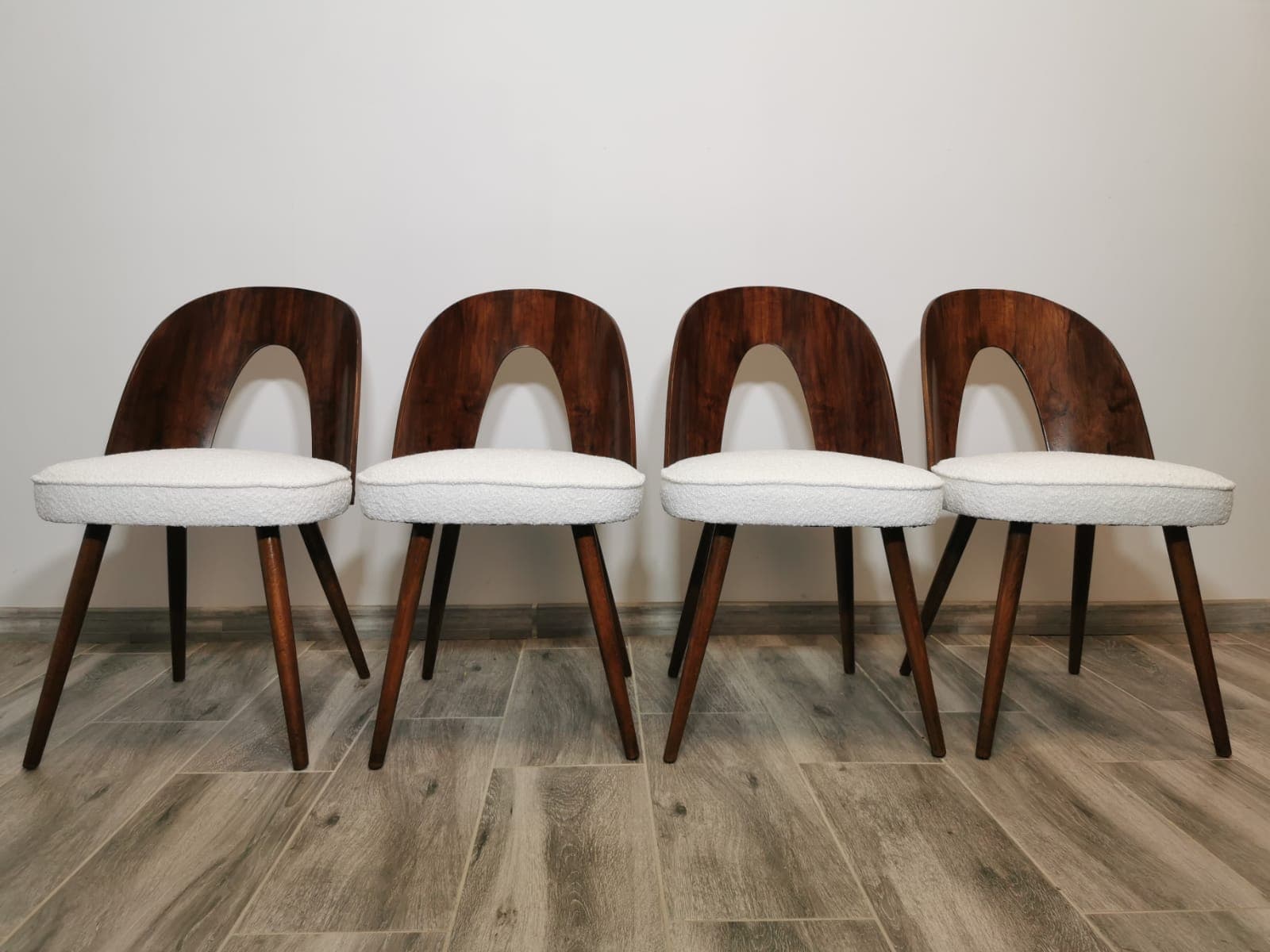 Set of chairs, walnut, cream bouclé, by A. Suman, Tatra Nabytok, Czechoslovakia, 1960s. - 48199