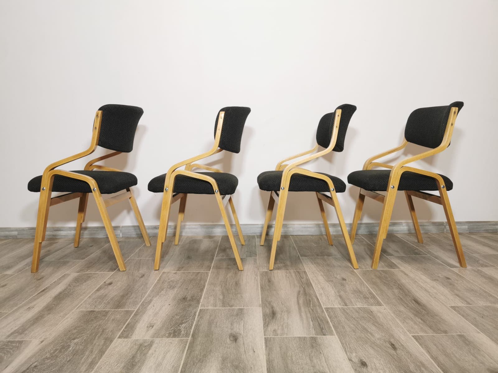 Set of chairs, light brown bent plywood, by L. Volák, Czechoslovakia, 1960s. - 48192