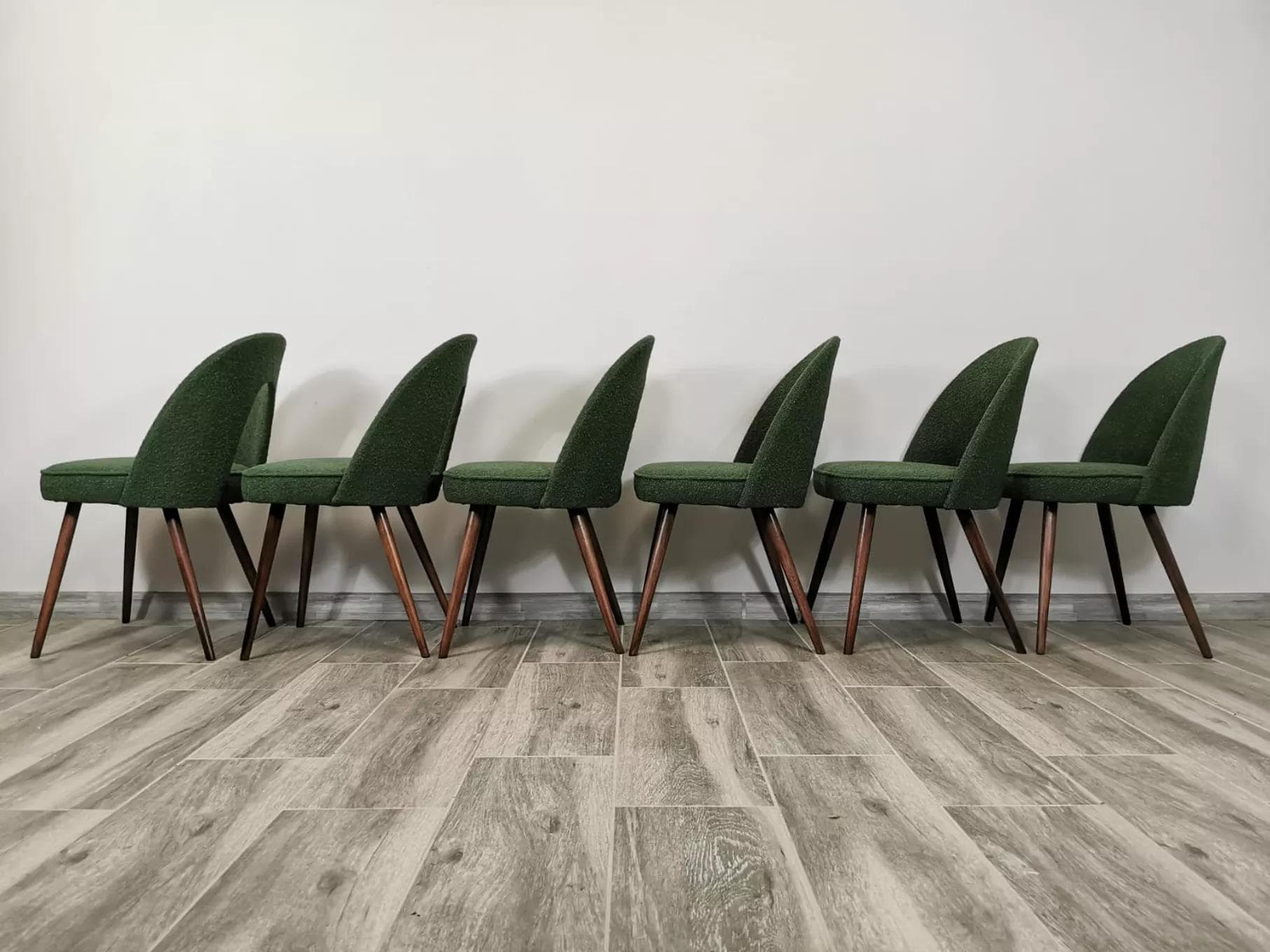 Set of chairs, olive bouclé, walnut, by A. Suman, Tatra Nabytok, Czechoslovakia, 1960s. - 48172