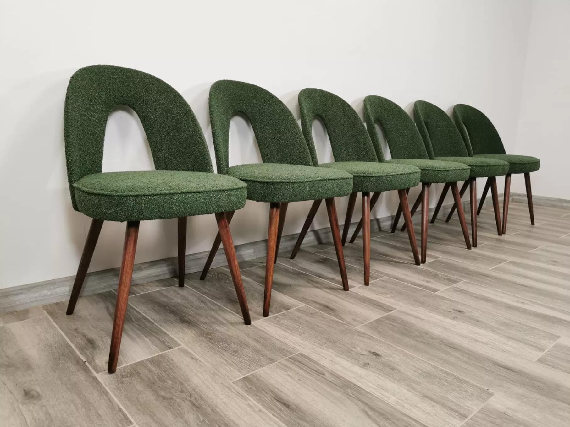 Set of chairs, olive bouclé, walnut, by A. Suman, Tatra Nabytok, Czechoslovakia, 1960s. - 48170