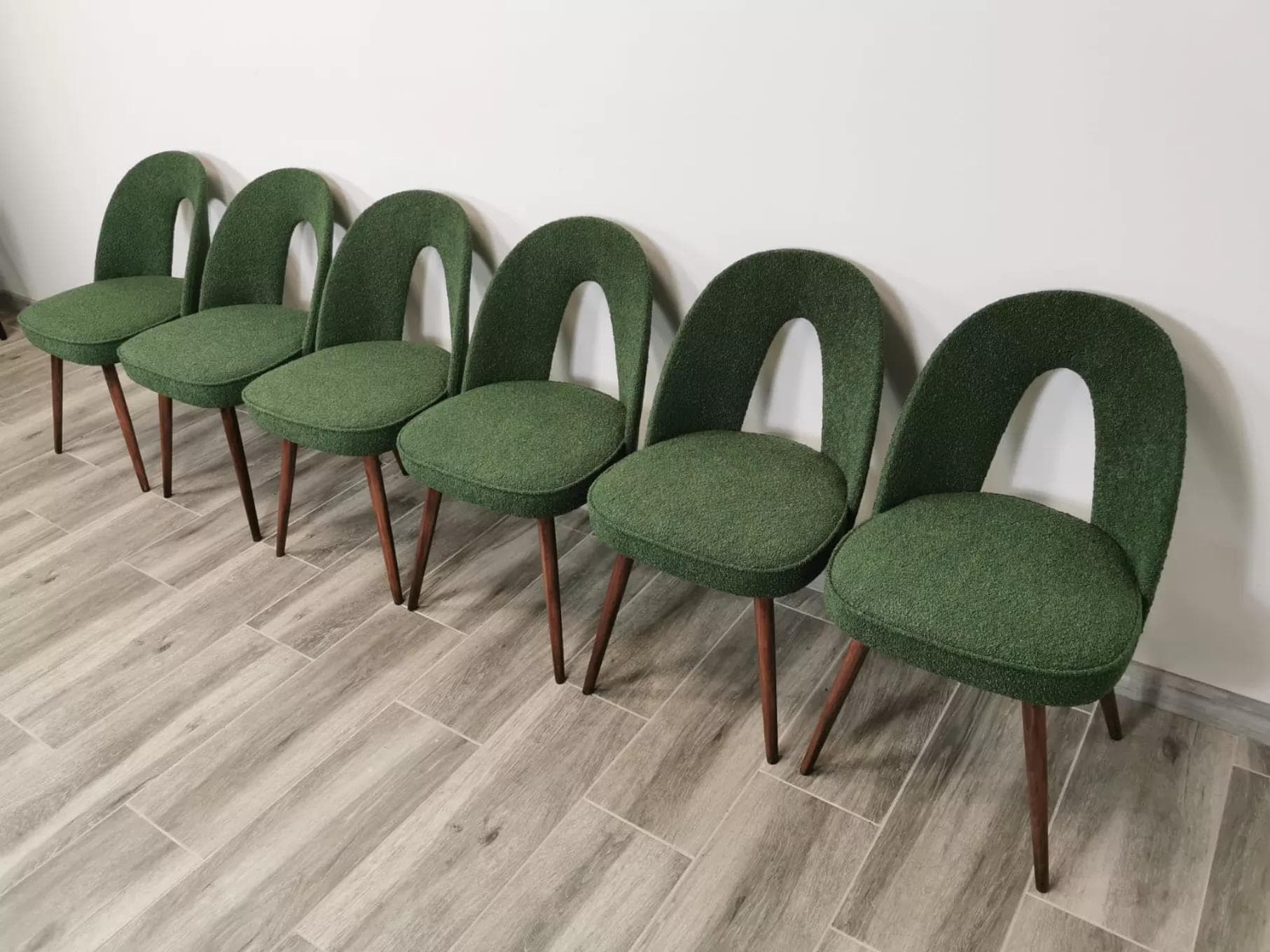 Set of chairs, olive bouclé, walnut, by A. Suman, Tatra Nabytok, Czechoslovakia, 1960s. - 48171
