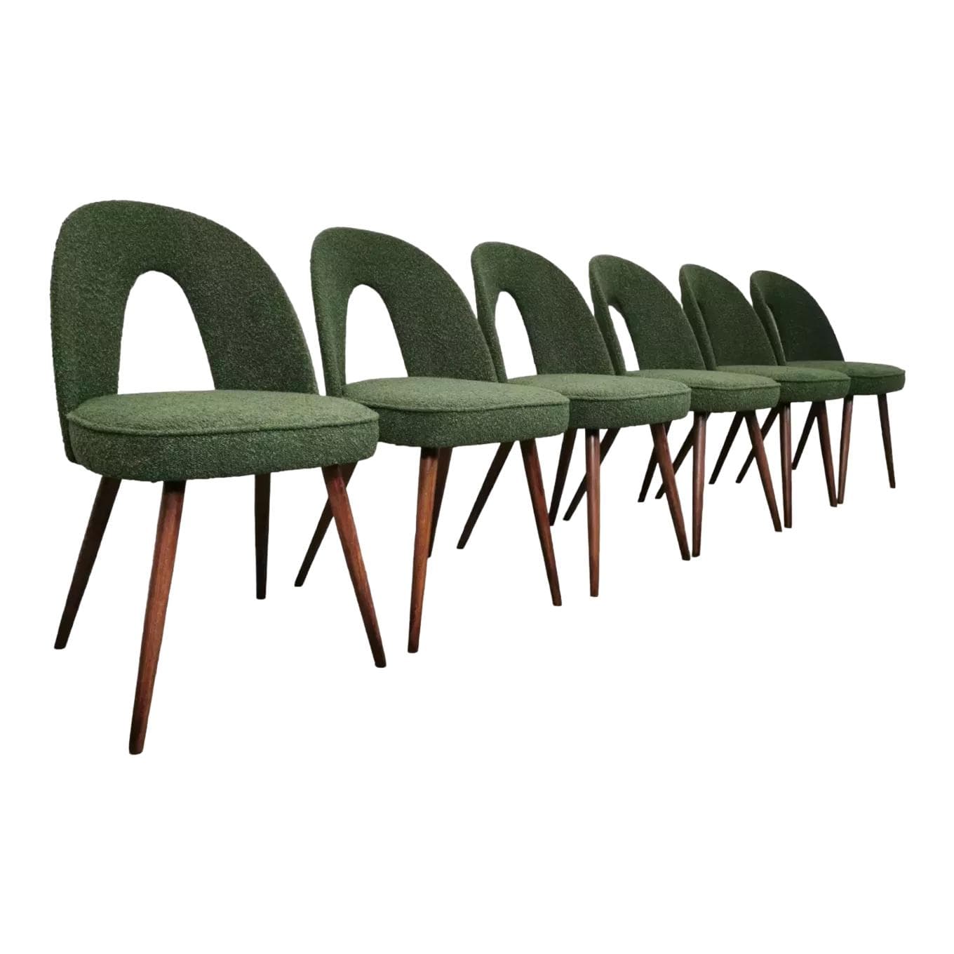 Set of chairs, olive bouclé, walnut, by A. Suman, Tatra Nabytok, Czechoslovakia, 1960s.