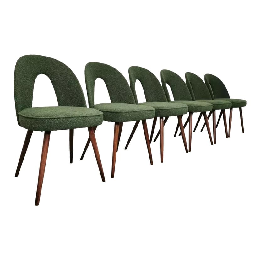 Set of chairs, olive bouclé, walnut, by A. Suman, Tatra Nabytok, Czechoslovakia, 1960s.