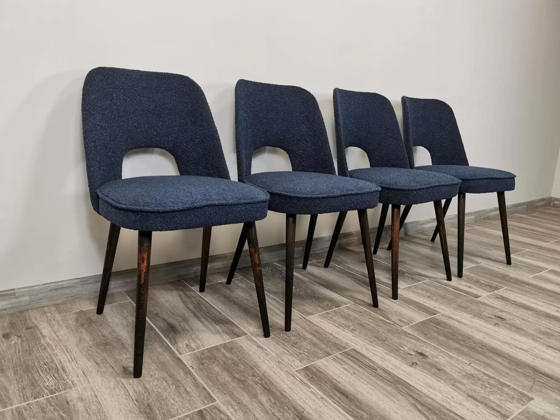 Set of chairs, navy blue bouclé, dark wood, by A. Suman, Tatra Nabytok, Czechoslovakia, 1960s. - 48168