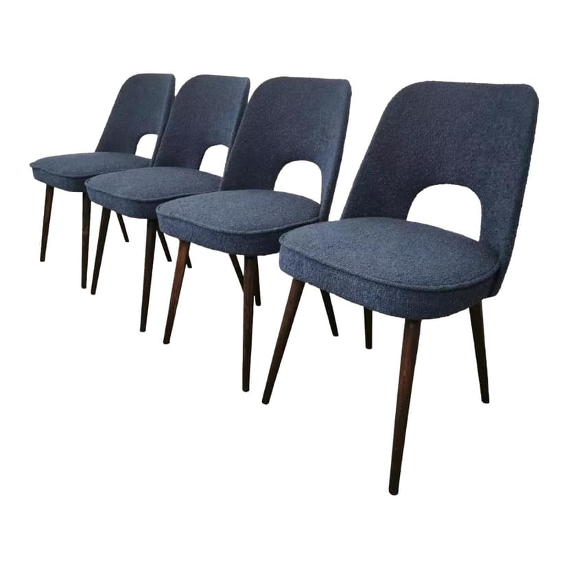 Set of chairs, navy blue bouclé, dark wood, by A. Suman, Tatra Nabytok, Czechoslovakia, 1960s.
