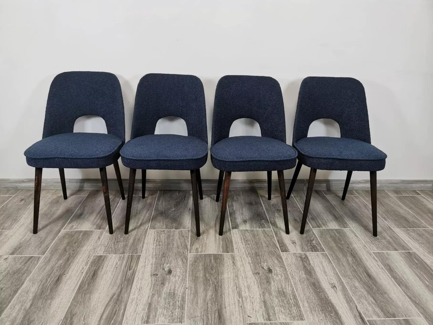 Set of chairs, navy blue bouclé, dark wood, by A. Suman, Tatra Nabytok, Czechoslovakia, 1960s. - 48166