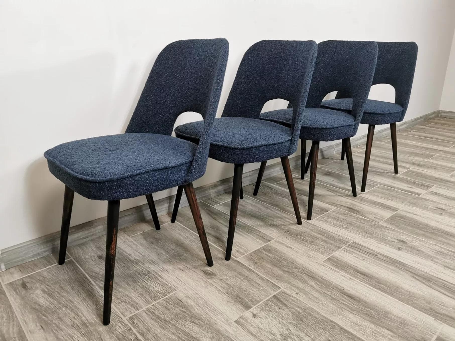 Set of chairs, navy blue bouclé, dark wood, by A. Suman, Tatra Nabytok, Czechoslovakia, 1960s. - 48167