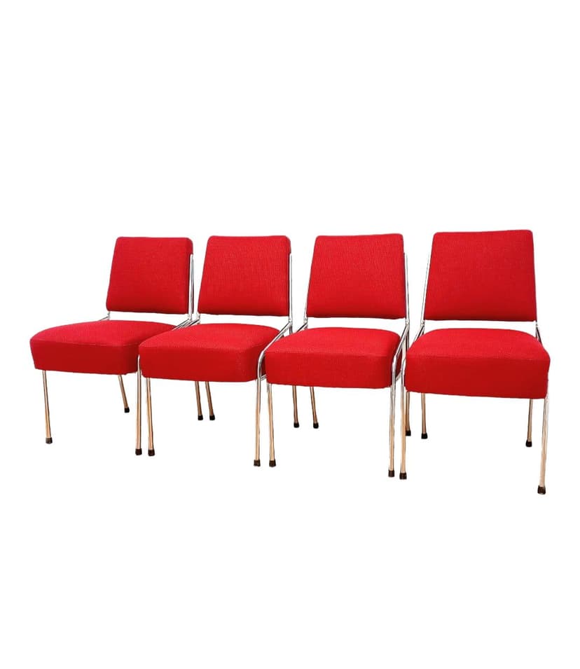 Set of Four Chairs Bauhaus, red upholstery, chromed steel, by H. Gottwald, Czechoslovakia, early 20th c.