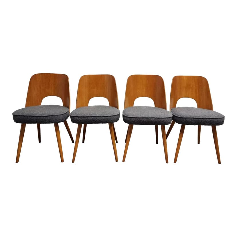 Set of four TON chairs, oak, grey fabric, by O. Haerdtl, Tatra Nabytok, Czechoslovakia, 1960s.