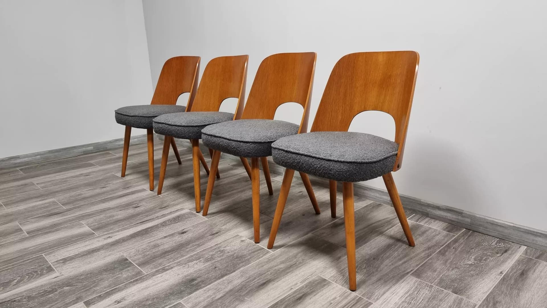Set of four TON chairs, oak, grey fabric, by O. Haerdtl, Tatra Nabytok, Czechoslovakia, 1960s. - 48158