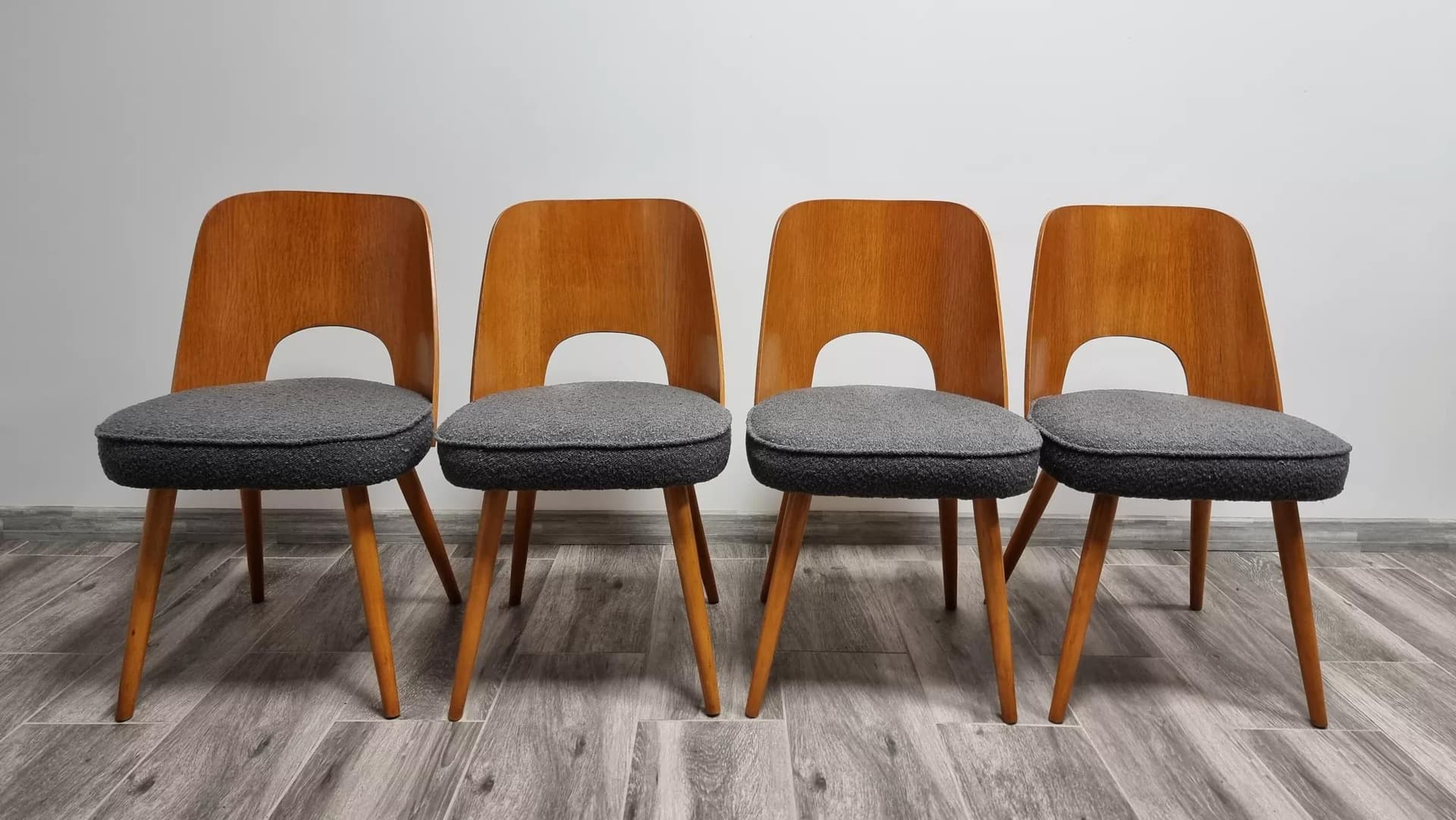 Set of four TON chairs, oak, grey fabric, by O. Haerdtl, Tatra Nabytok, Czechoslovakia, 1960s. - 48160
