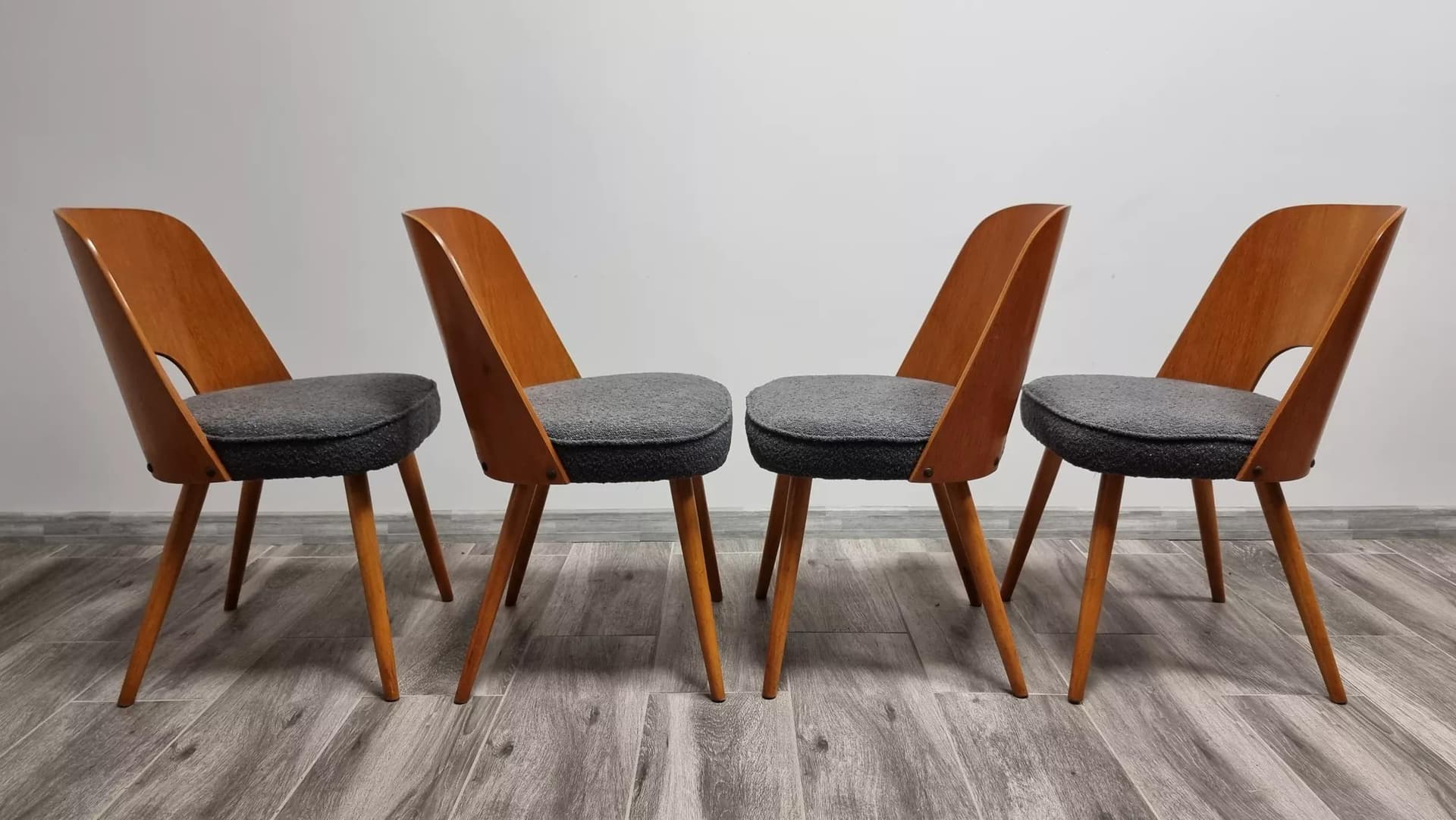 Set of four TON chairs, oak, grey fabric, by O. Haerdtl, Tatra Nabytok, Czechoslovakia, 1960s. - 48159