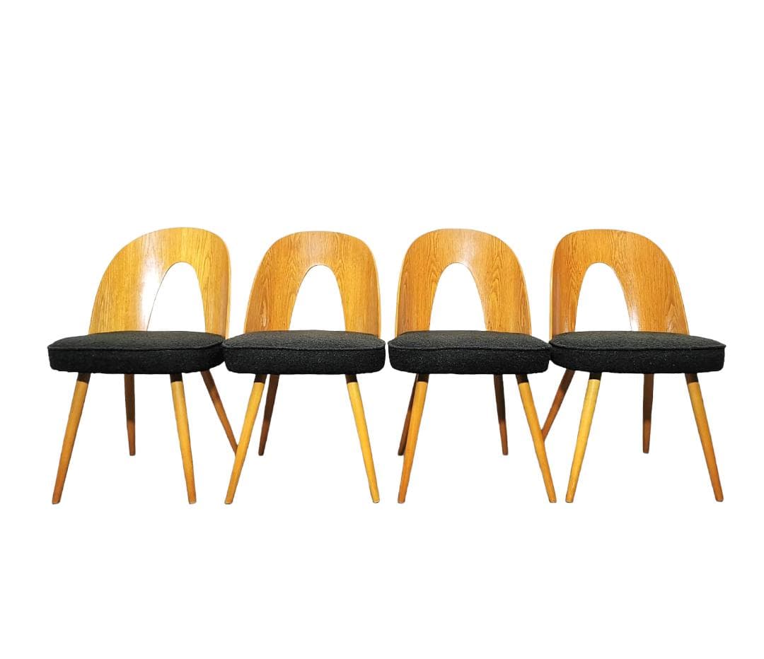 Set of four chairs, brown oak, black fabric, by A. Šuman, Tatra Nabytok, Czechoslovakia, 1960s.