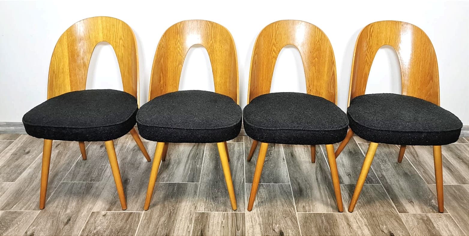 Set of four chairs, brown oak, black fabric, by A. Šuman, Tatra Nabytok, Czechoslovakia, 1960s. - 48147