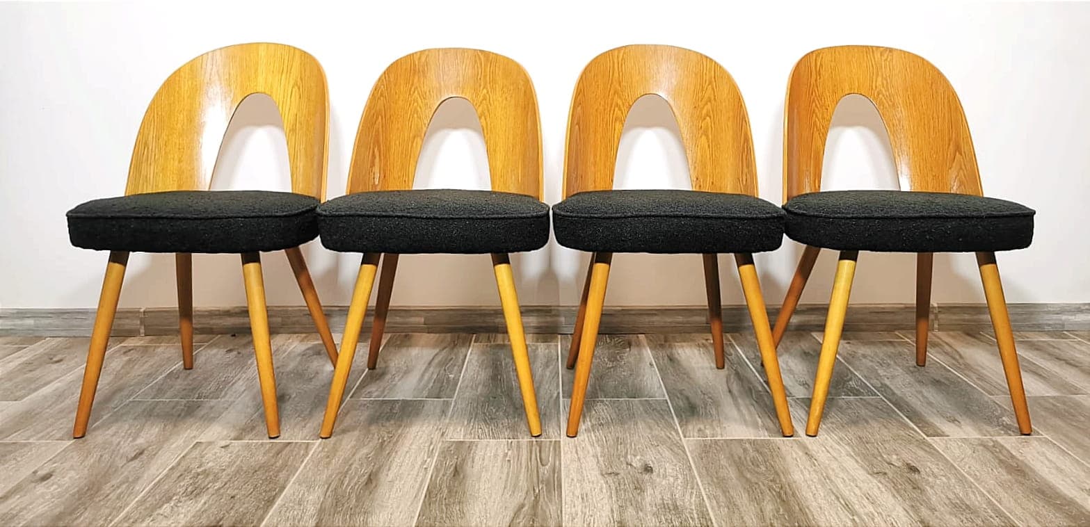 Set of four chairs, brown oak, black fabric, by A. Šuman, Tatra Nabytok, Czechoslovakia, 1960s. - 48146