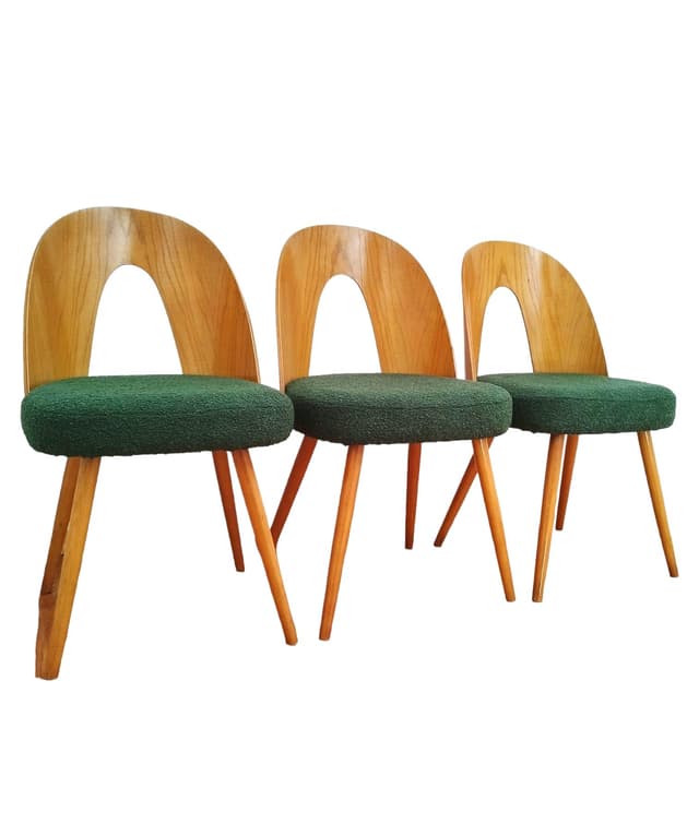 Set of chairs, brown wood, green bouclé, by A. Suman, Tatra Nabytok, Czechoslovakia, 1960s. - DIMENSION