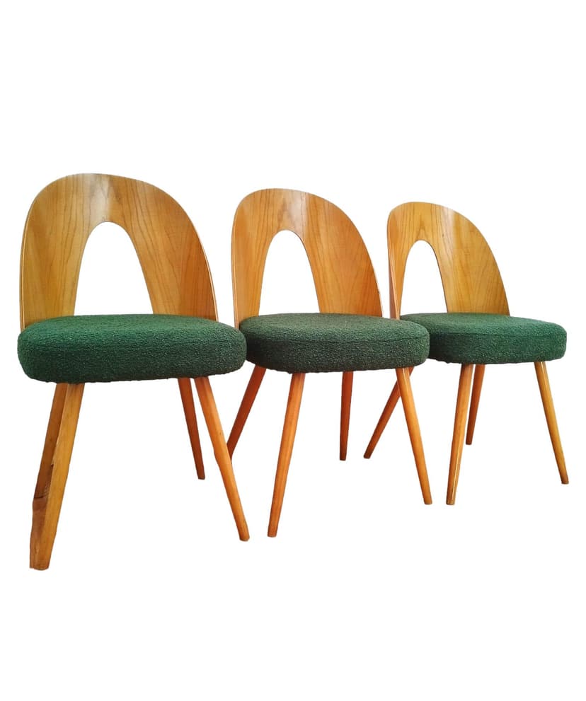 Set of chairs, brown wood, green bouclé, by A. Suman, Tatra Nabytok, Czechoslovakia, 1960s.