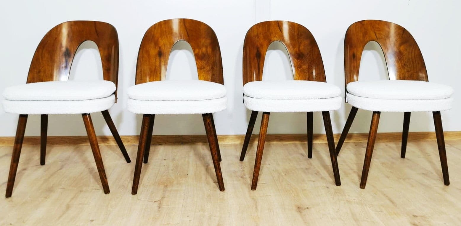 Set of chairs, light bouclé, walnut, by A. Suman, Tatra Nabytok, Czechoslovakia, 1960s. - 49384