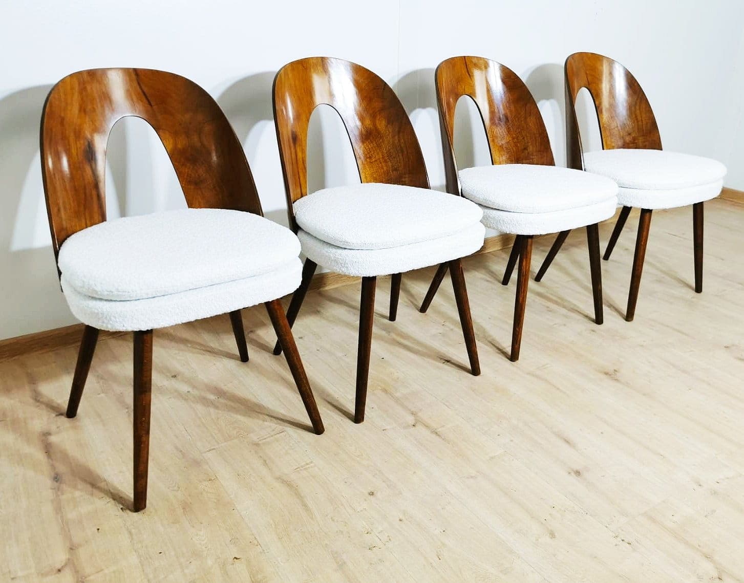 Set of chairs, light bouclé, walnut, by A. Suman, Tatra Nabytok, Czechoslovakia, 1960s. - 49385